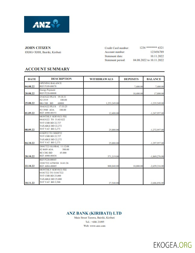Relevé bancaire Kiribati ANZ xls